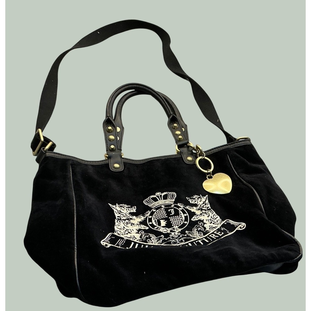 Juicy Couture Y2K Velour Crossbody Bag Black Gold Scottie Crest Medium Satchel